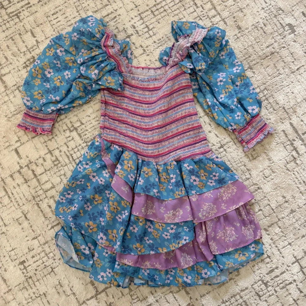H1 Yvonne & Love Floral Smocked Tiered Ruffle Mini Dress Blue Purple Puff Sleeve